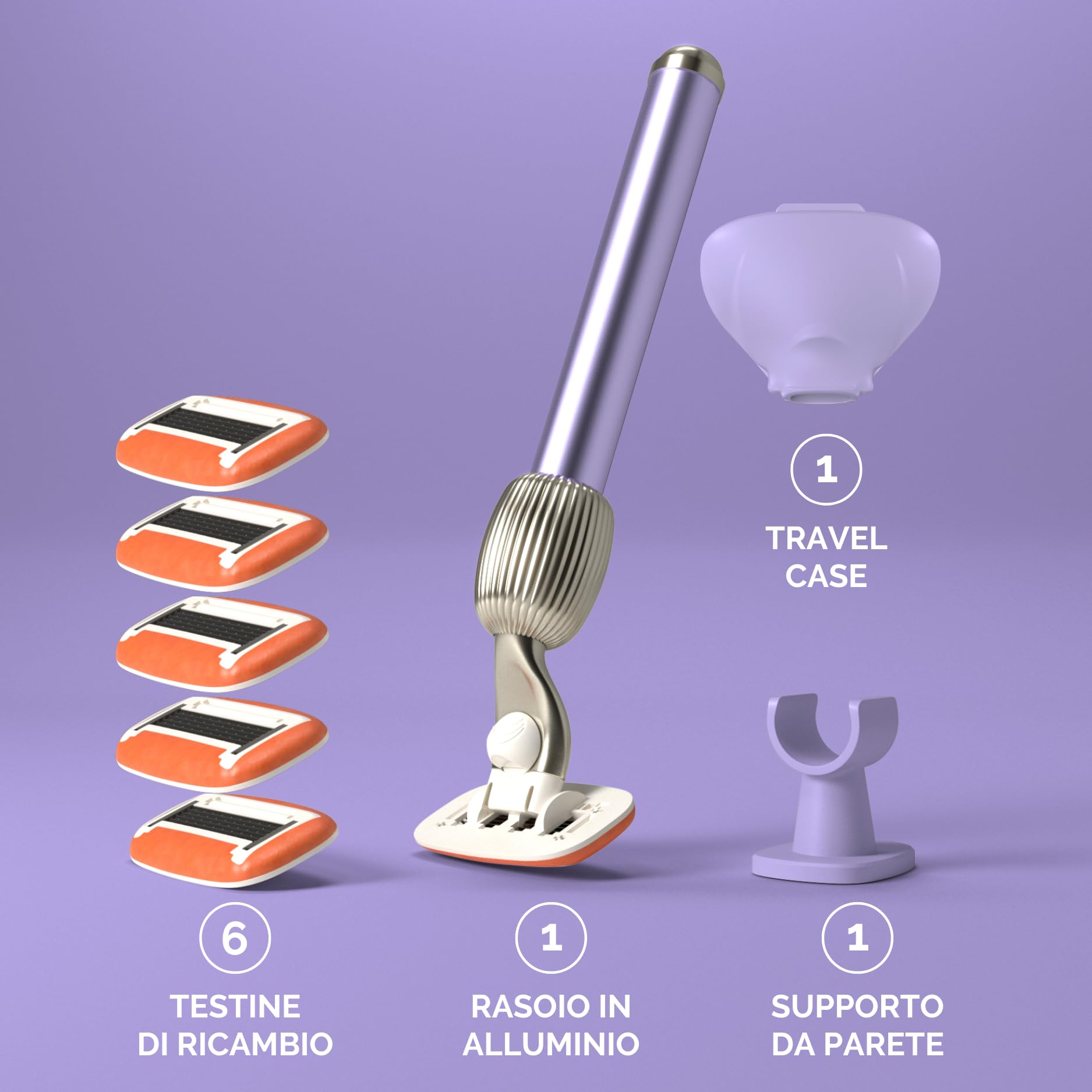 Fler The Razor Shave Set - Rasoio Donna con Testine Intercambiabili, Rasoio con Supporto, 6 Lamette di Ricambio e Custodia Protettiva, Rasoi Unisex, Lametta con Aloe Vera, Vitamina E, Lilla Lilac