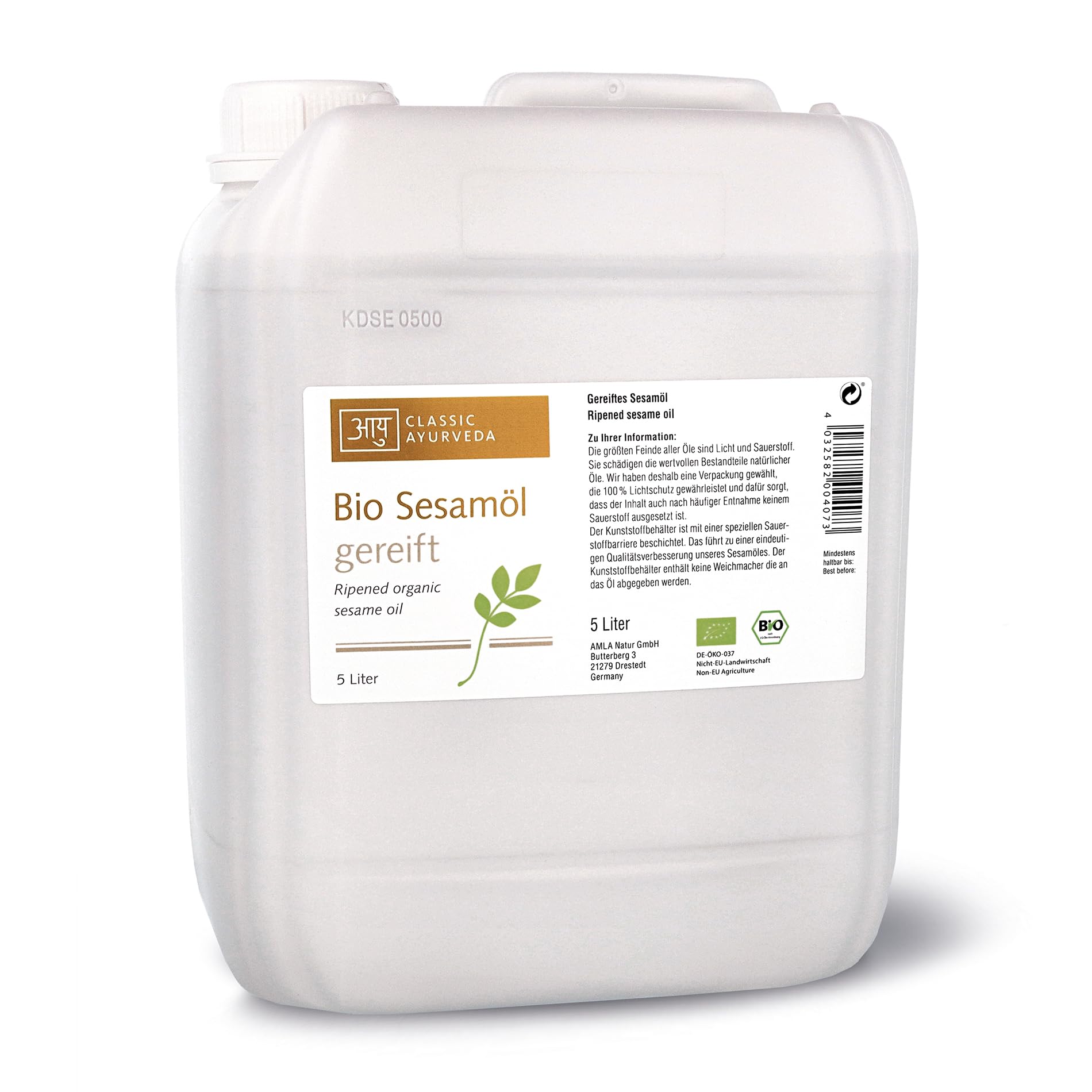 Classic Ayurveda - Olio di sesamo biologico maturato in tanica – 5 l – Olio da massaggio per il massaggio quotidiano – 100% puro olio maturato da prima spremitura a freddo