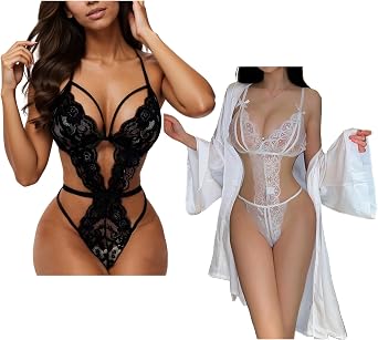 txsrbsj Sexy Women Lingerie High Cut Babydoll One-Piece Womens Lingerie Teddy Lace Bodysuit with Robe for Valentines Day