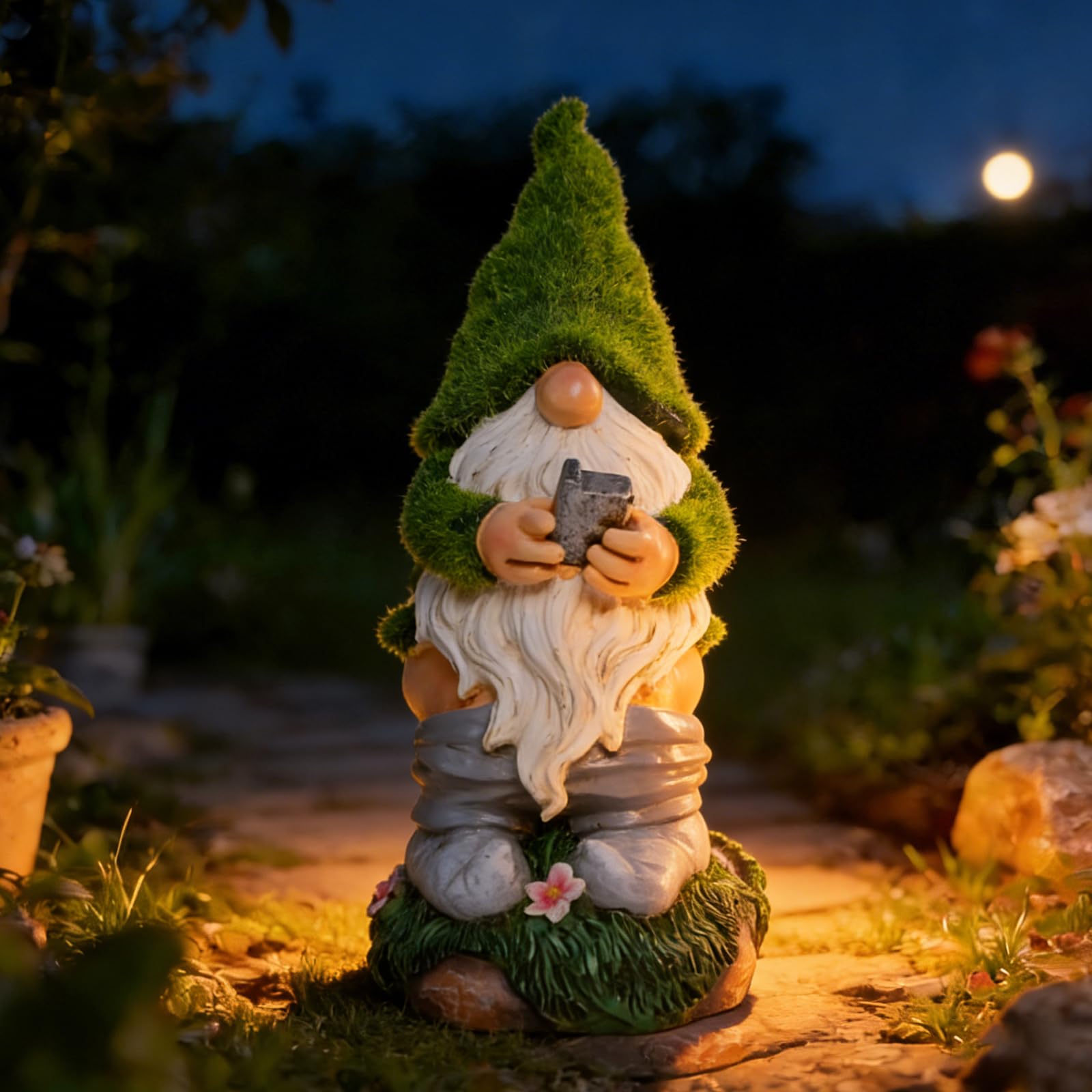 Mischeievous Garden Gnome Statues Solar Lighting - Resin Forest Guardian with Moss Hat&Warm Light Solar Lantern，Funny Outdoor Yard Statue Decor for Patio, Lawn, Fairy Garden Gift