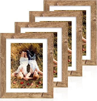 iRahmen 7x10 Picture Frame with Mat 5.5x8.5 - High Definition Real Glass Wooden Photo Frames for Tabletop Display and Wall Mounting (Rustic Brown, Set of 4)
