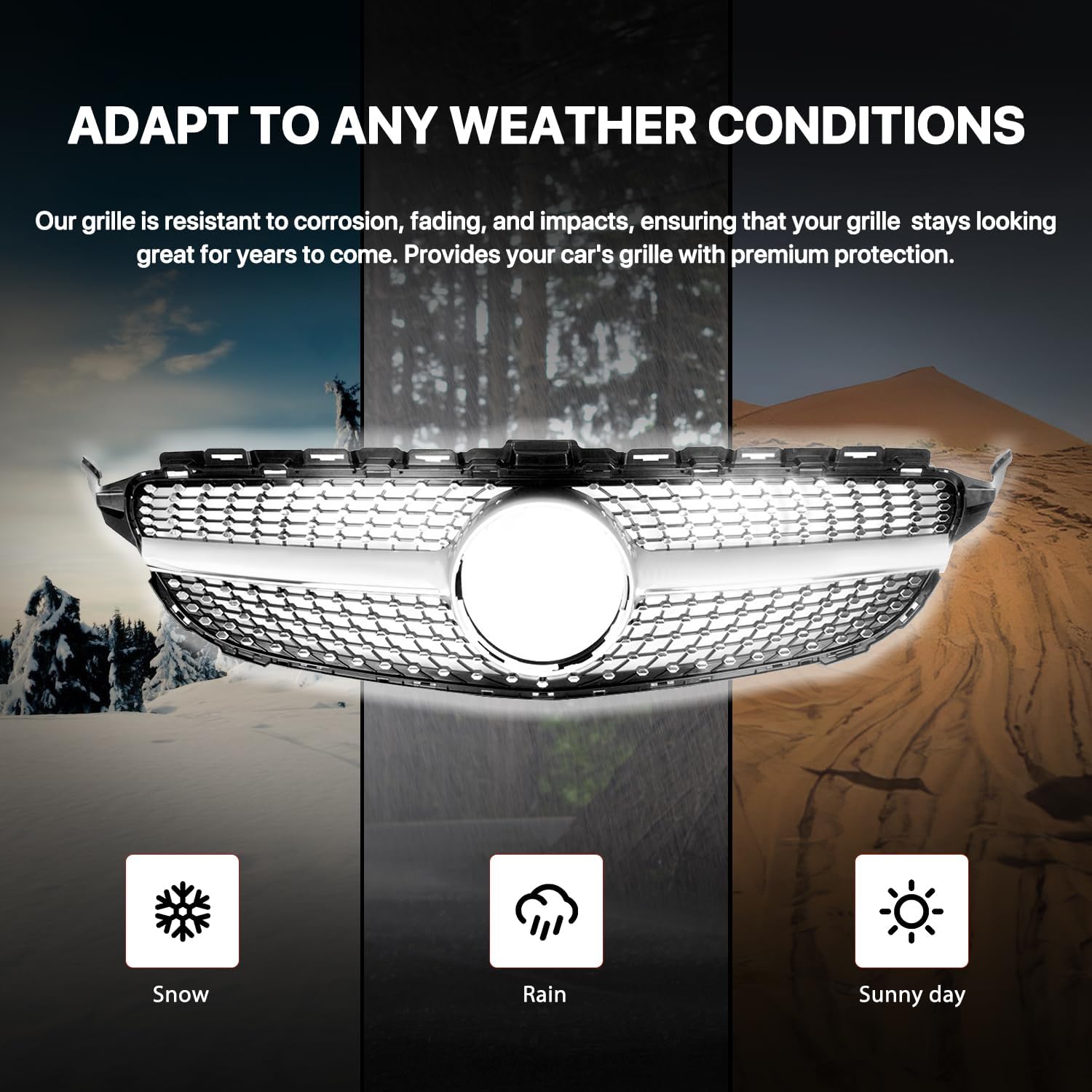 KARPAL Diamond Front Grille Grill Compatible With 2015-2018 Mercedes Benz W205 C-Class C250 C300 C400 (exclude C63 AMG) Diamond Silver
