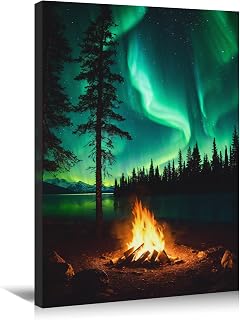 KPLUNDO Northern Lights Wall Art Forest Bonfire Picture Canvas Print Nature Landscape Poster Rustic Farmhouse Painting for Home Office Living Room Bedroom Decor Framed(Art-2,12.00x18.00 inch)