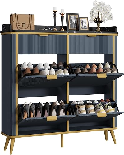 Miniatura 3 de Armario de almacenamiento de zapatos estriado con 4 cajones abatibles y 2 cajones, organizador de zapatos oculto independiente con estantes