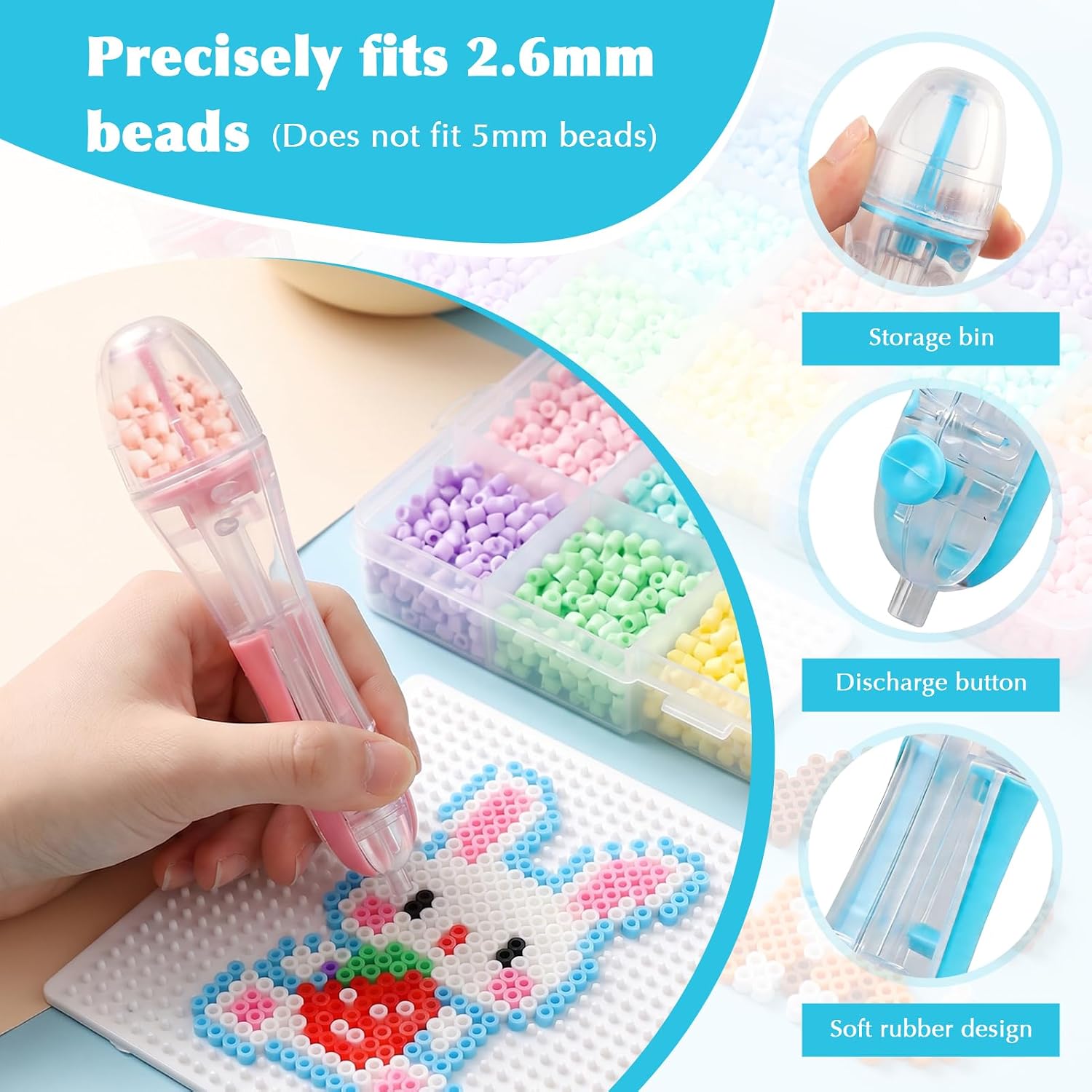 2 Pack Fuse Bead Pen for 2.6mm Mini Beads, Transparent Bead Dispenser Pens with 2 Scoops, Family Fun & Creative Projects Time-Saving Precision Placement for Pixel Art DIY Crafts