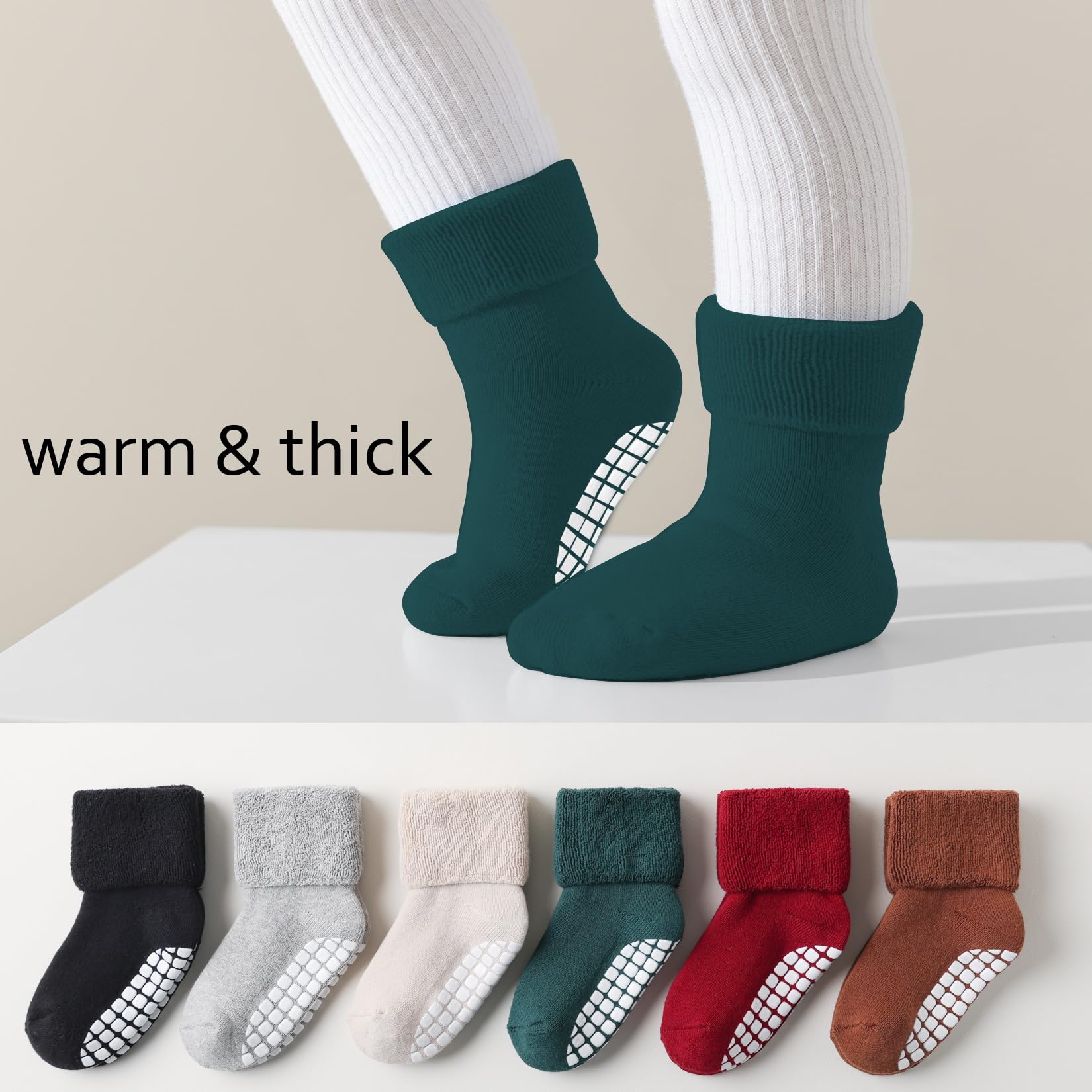 EPEIUS Toddler Socks: Thick Warm Cotton Crew Socks with Grips, Non-slip for Boys/Girls - Assorted 6 Pack, 12-36 Months