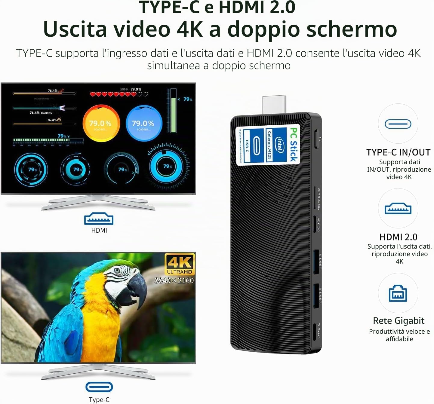 Mini PC Stick,Win 11 8 GB RAM 128 GB eMMC Celeron J4115 2.7 GHz, USB-C Fanless Desktop PC, USB3.0 X 2, RJ45 Gigabit Ethernet 4K 60Hz, WiFi BT 5.2, HDMI 2.0 per affari, casa, ufficio