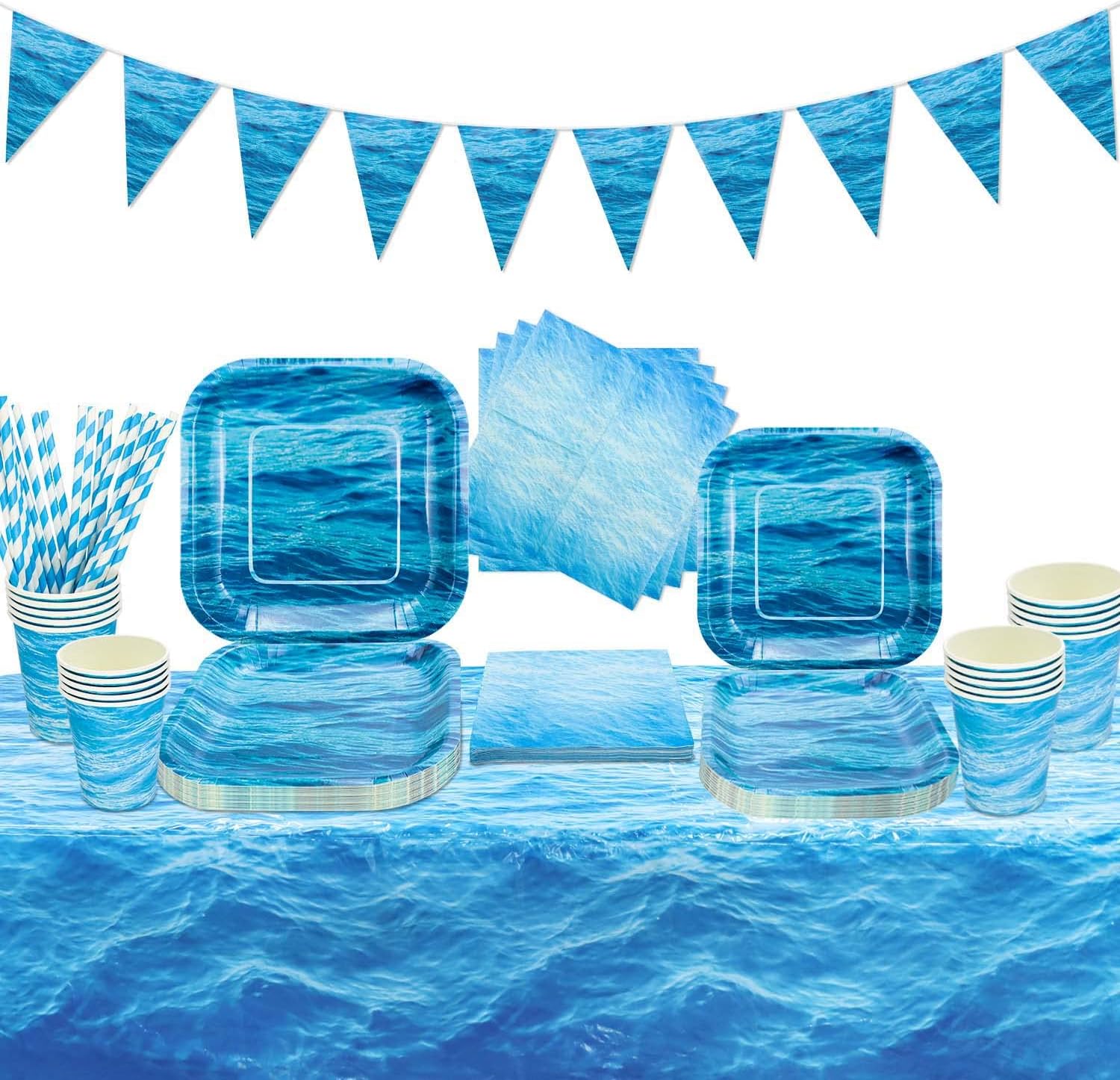 HegbolkeHegbolke Ocean Wave Party Supplies - Including Plates, Cups, Napkins, Tablecloth, Banner for Ocean Sea Party Birthday Baby Shower Beach Pool Celebration
