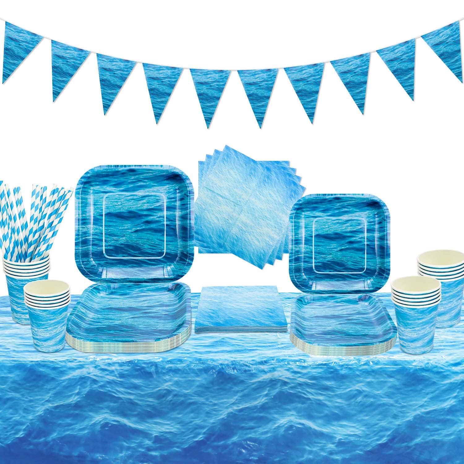 HegbolkeHegbolke Ocean Wave Party Supplies - Including Plates, Cups, Napkins, Tablecloth, Banner for Ocean Sea Party Birthday Baby Shower Beach Pool Celebration