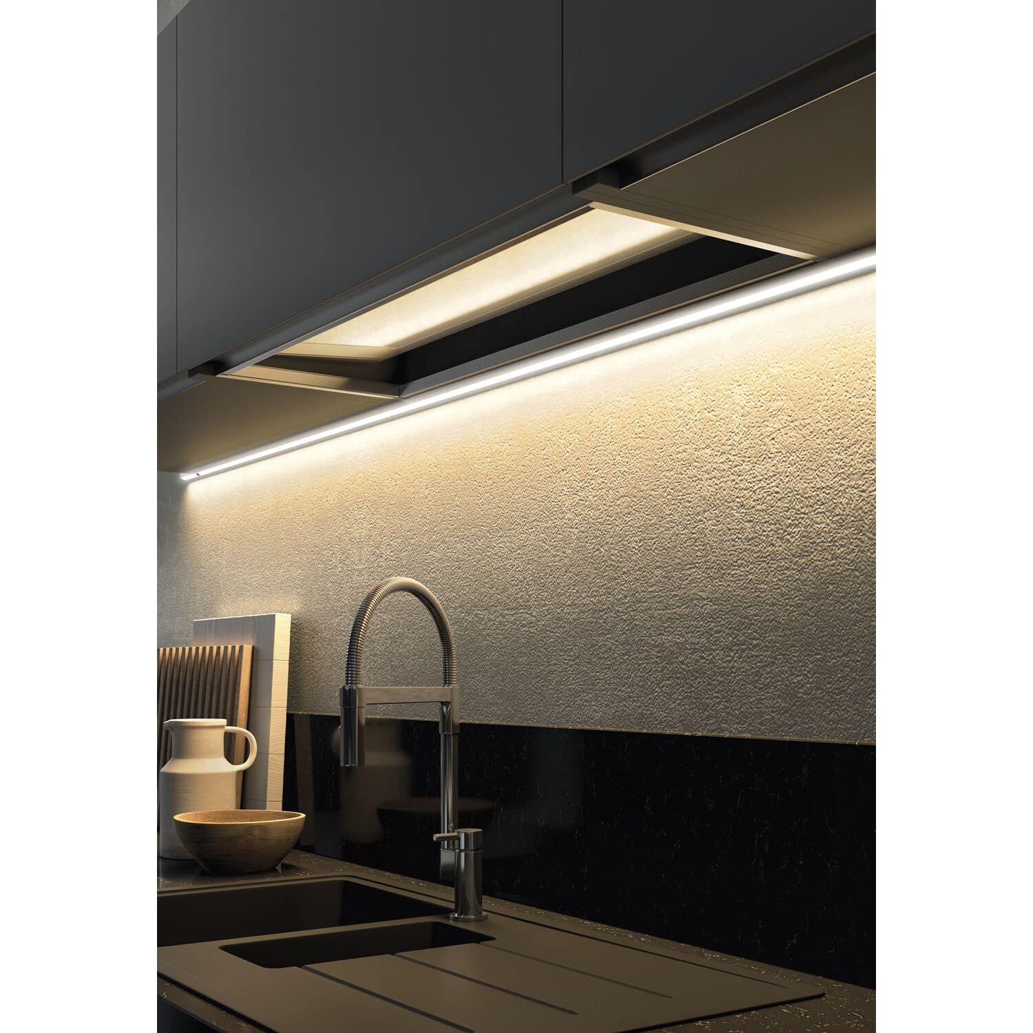 L&S LED Unterbauleuchte Lugano mit IR Sensor, Led Lichtleiste 600mm, Küchen Beleuchtung, Led Küchenunterbauleuchte DualColor, 12V - 6,8W, Alu Kunststoff eloxiert grau