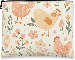 Charming Chicken Cosmetic Bag, Vintage Floral Travel Pouch for Women, Portable Canvas Zipper Organizer, Spring Skincare Toiletry Bag 7x9 Inch
