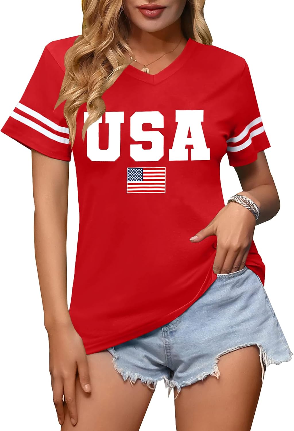 American Flag Shirts Women Patriotic Shirt 4th of July Tee Tops V-Neck Short Sleeve Summer T-Shirt - Image 2