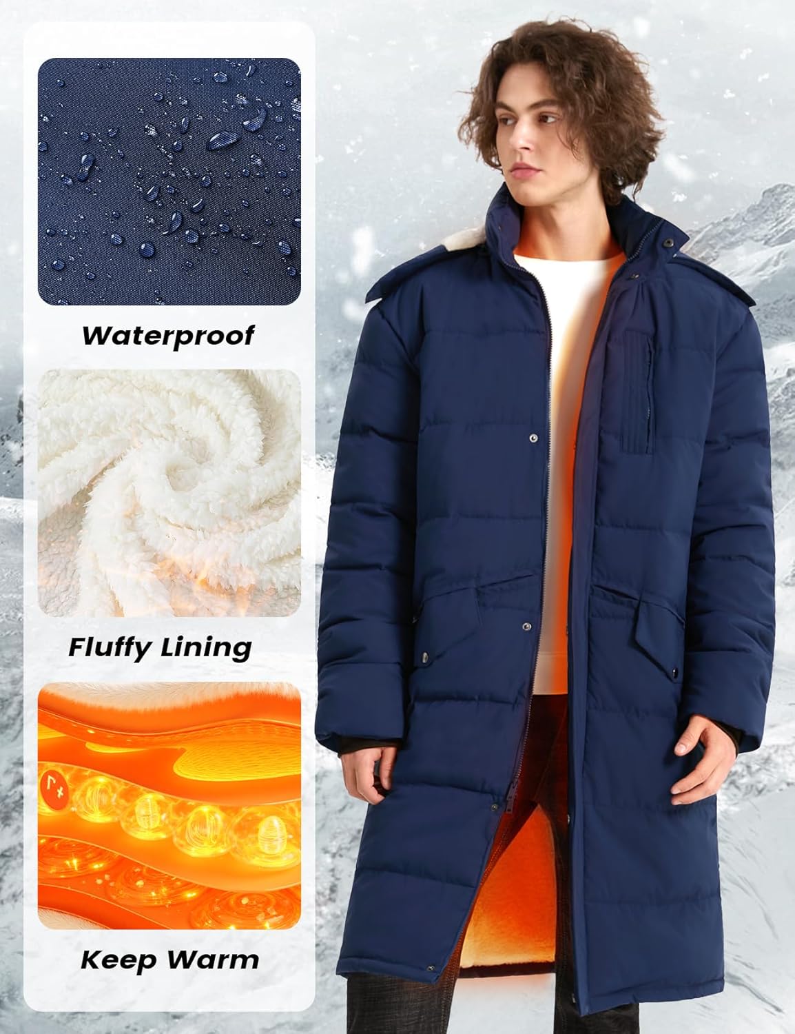 Wyeysyt Men's Long Puffer Jacket Winter Fleece Coats Warm Hooded Water Resistant Puffy Thicken Jacket - Image 4