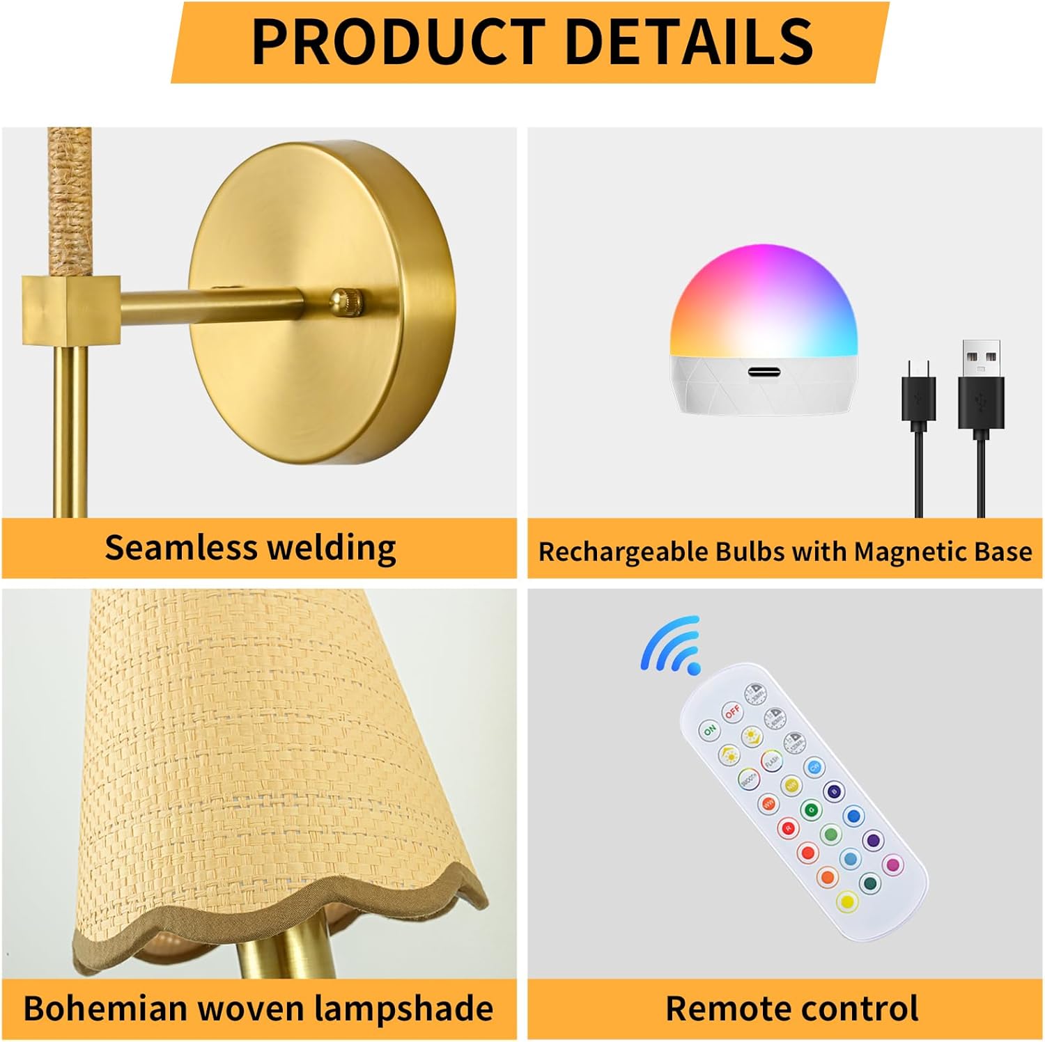 Boho Battery Operated Wall Sconce Set of 2, Gold Wireless Rechargeable Wall Lights with Rattan Shade, 12 RGB and 3CCT Dimmable Cordless Wall Lamps with Remote for Bedroom Living Room