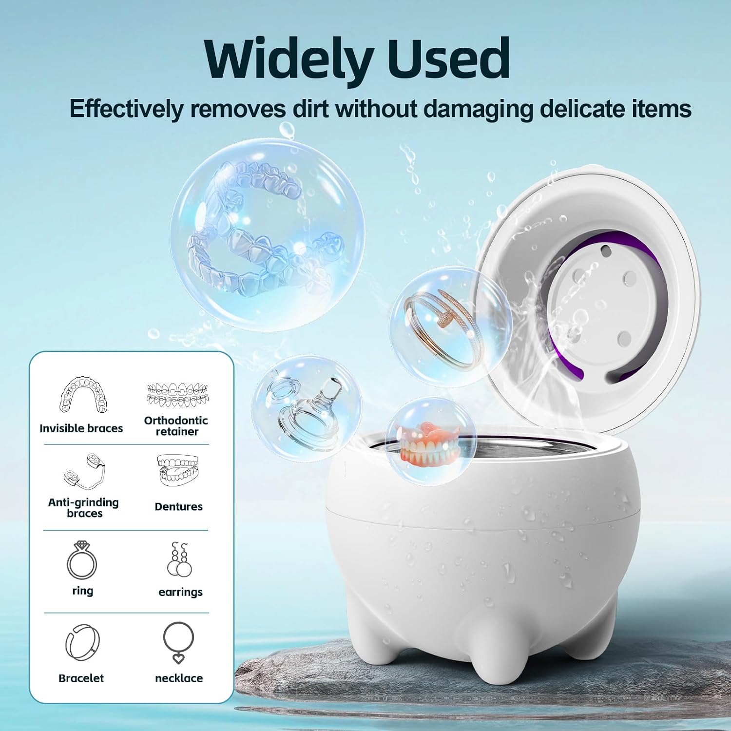 Granbo Ultrasonic Retainer Cleaner, Ultrasonic Jewelry Cleaner for Dentures, Mouth Guards, Braces, Toothbrush Heads, Jewelry, 48kHz Portable Dental Cleaning Pod, Mini Utrasonic Cleaner Machine (White)
