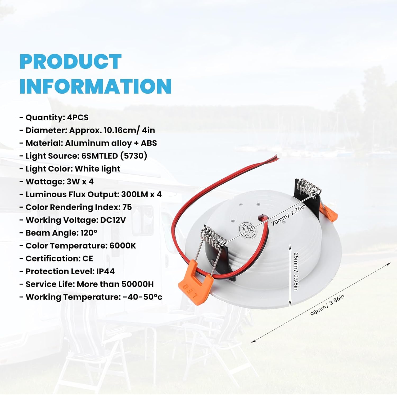 4 Pcs 4in RV Ceiling Domelight, DC 12V RV Recessed Light, 300LM 6000K RV Interior Ceiling Light for Caravan Yacht Lighting 3W