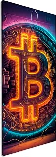 Impresión artística panorámica de Bitcoin con futuristas y detalles neón, 100 x 50 cm, XXL, cuadro de madera, lienzo, decoración de salón
