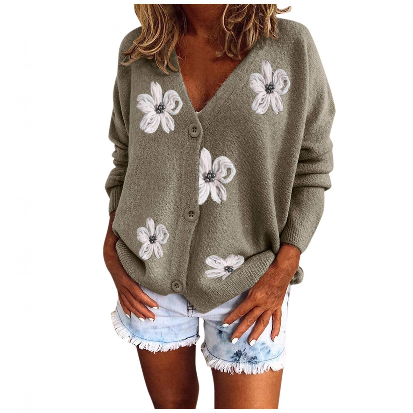 Women Button Down Knit Cardigan Long Sleeve V Neck Casual Sweater Open Front Flower Thick Knitwear Coat Outwear