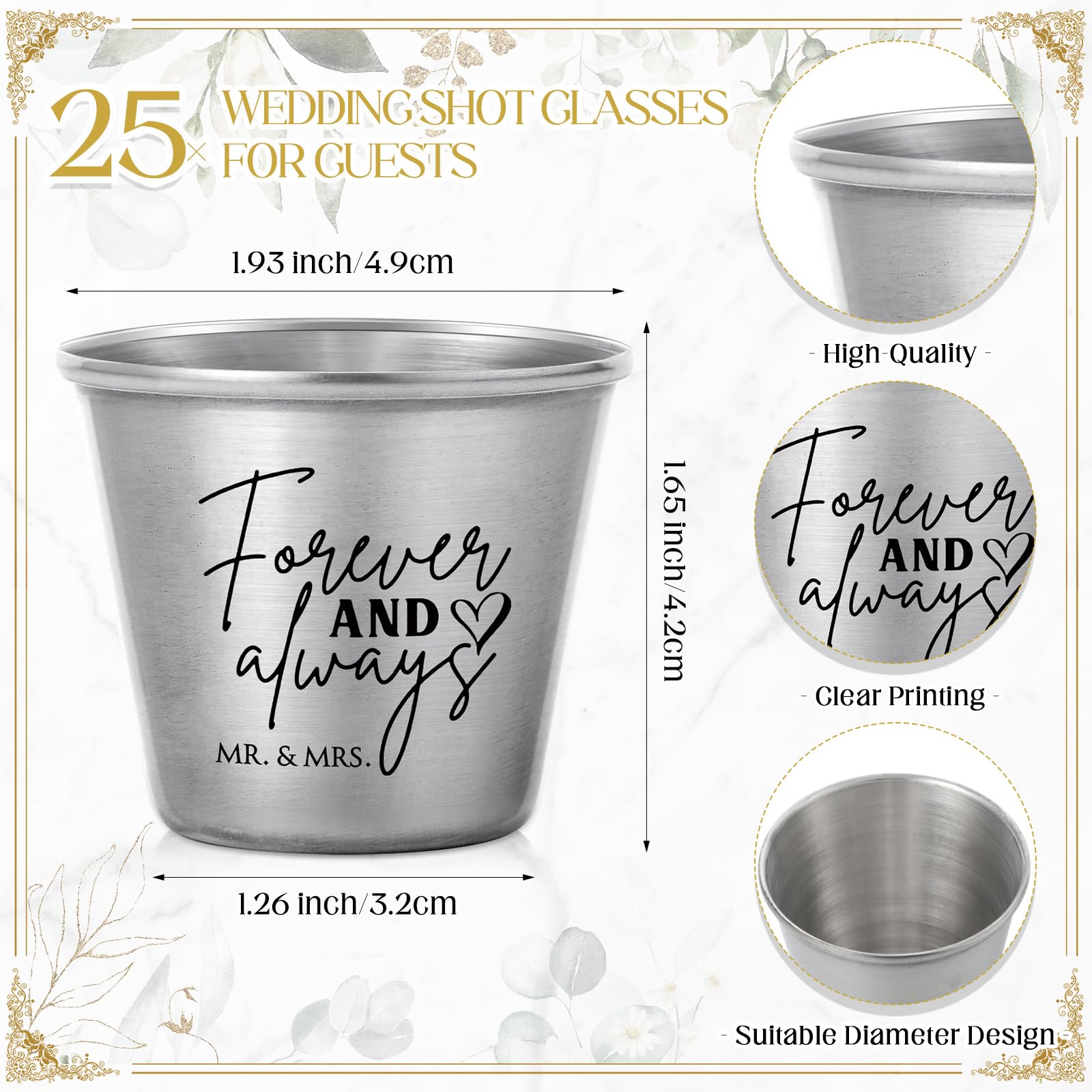 Nuogo Set di 25 bicchierini da shot Forever and Always in acciaio inox, con sacchetti in organza, per ospiti, matrimoni, sposi, addio al nubilato