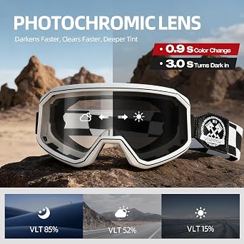 Photochromic Dirt Bike Goggles for Men Women, No Double Vision Anti-Fog with HD Lens, OTG & UV Protection