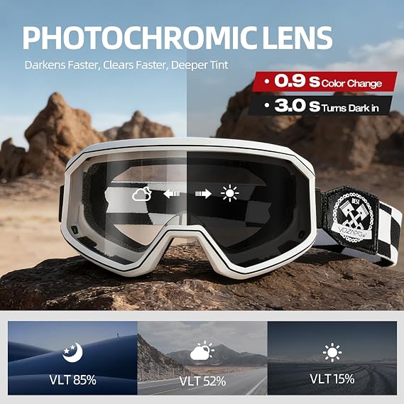 Photochromic Dirt Bike Goggles for Men Women, No Double Vision Anti-Fog with HD Lens, OTG & UV Protection