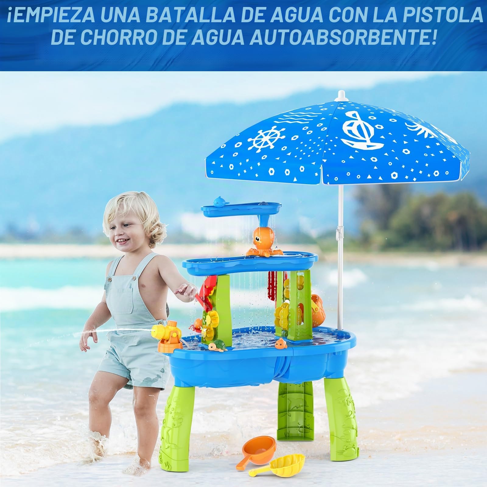 HYES Mesa de Agua para Niños 3 Niveles con Paraguas, Arena, Duchas - Azul