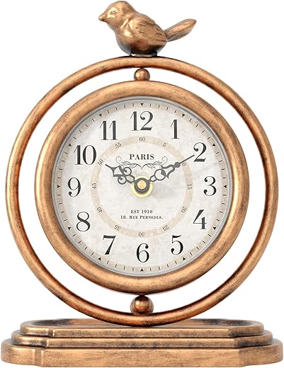 Gold Vintage Table Clock with Bird, European Retro Style Mantel Clocks, Desk and Shelf Decor Clock, for Living Room, Farmhouse, Bedside, Bedroom, Gift (7.9 H x 6.3 W)