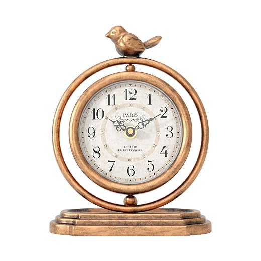Gold Vintage Table Clock with Bird, European Retro Style Mantel Clocks, Desk and Shelf Decor Clock