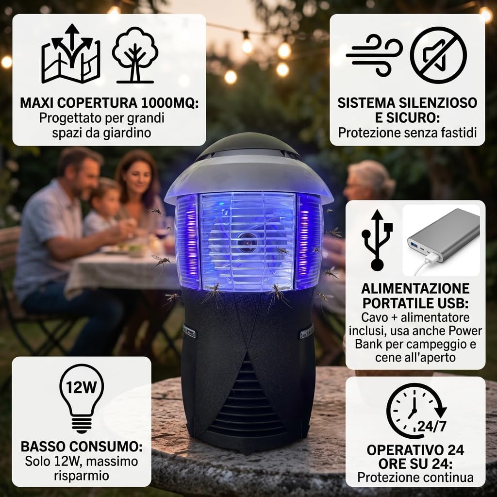Sandokan, Antizanzare Giardino fino a 1000mq – Lampada Zanzare Esterno con Ventola – Aspira Zanzare Elettrico Silenzioso – Antizanzare Giardino da Esterno Senza Veleni, Made In Italy