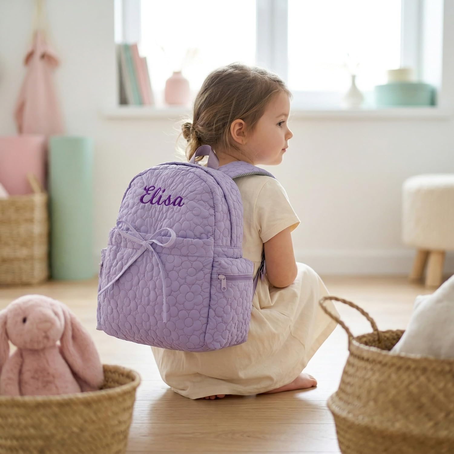 Daycare Backpack Personalized Large 15inch Backpack with Embroidered Name Purple Quilted Backpacks with Bow Custom Daycare Diaper Bag for Age 2-6 Travel Overnight Birthday Gifts