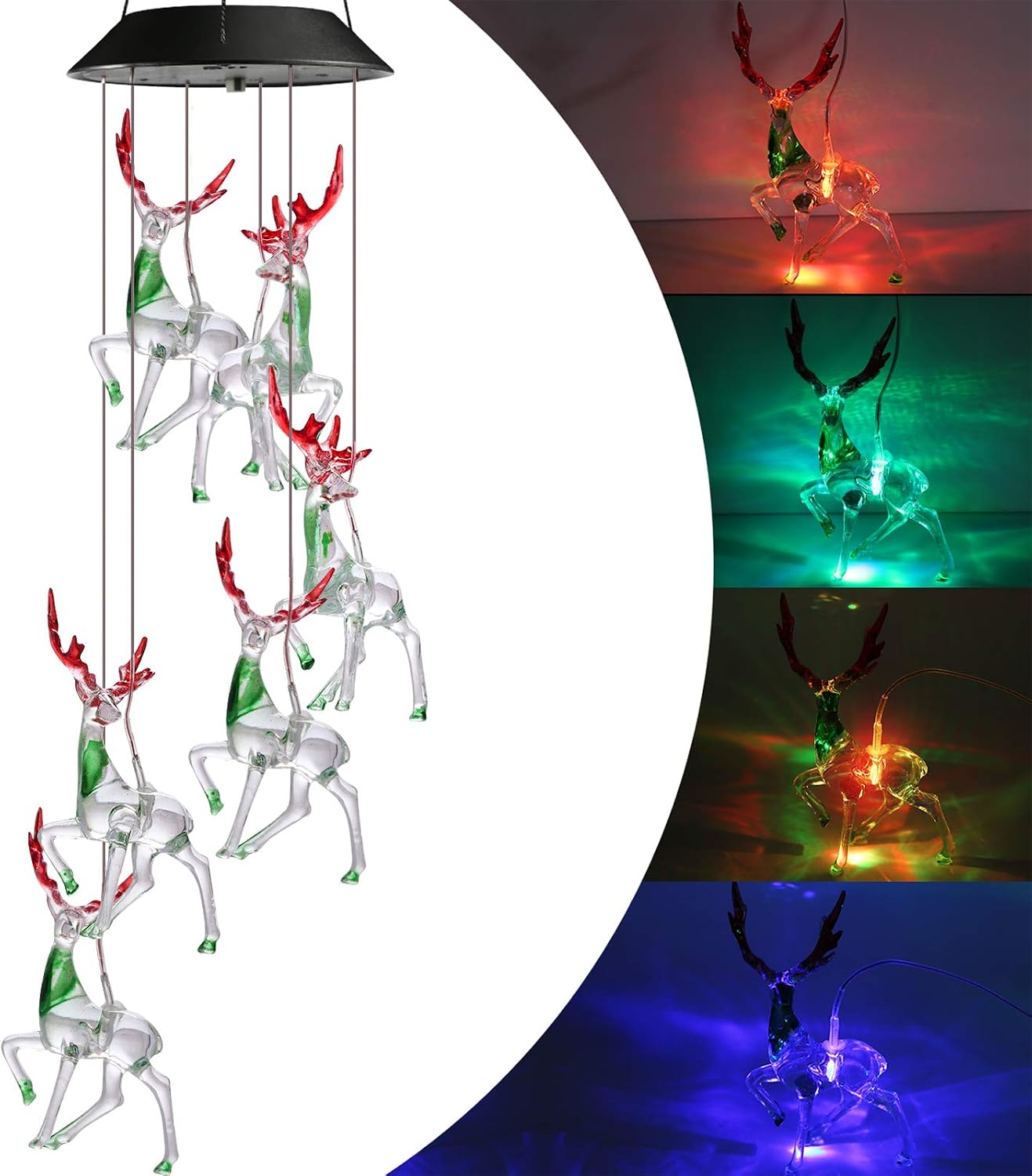 Toodour Solar Mobile Lights, Color Changing Wind Chimes Hanging Reindeer, Outdoor Solar Decorative Lights 6 LED Deer for Balcony, Bedroom, Party, Yard, Window, Garden Decorations