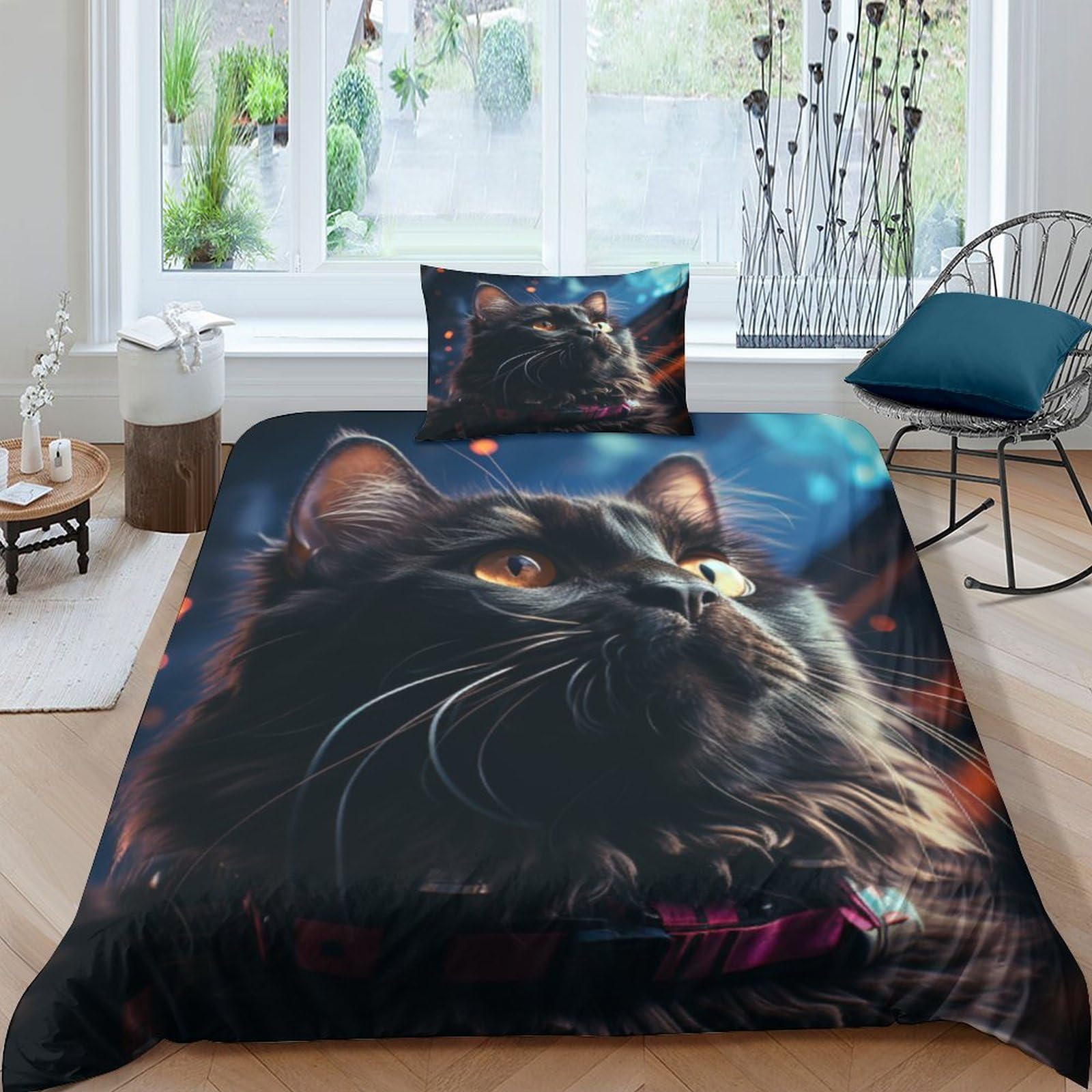 Housse de couette chat 135x200 cm avec sa taie d'oreiller en microfibre pour lit enfant single