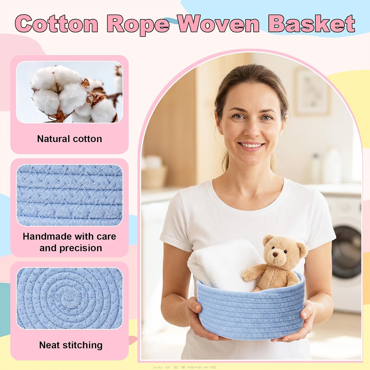 Boao 4 Pcs Woven Baskets Small Rope Storage Bin Small Basket Boho Tiny Round Storage Containers Mini Organizer for Shelves Closet Gift Basket Empty for Birthday Dog Toy Nursery Home Halloween(Macaron)