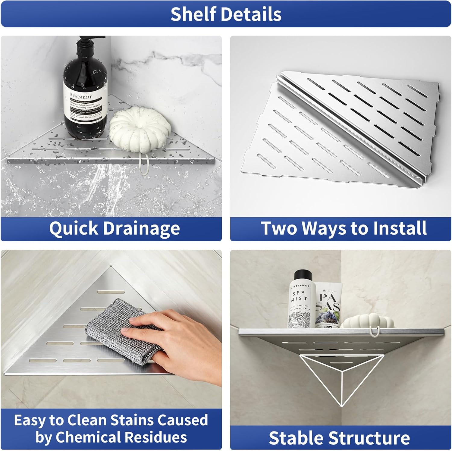 Corner Shower Shelf 10", Brushed 304 Stainless Steel Slot Design Recessed Corner Shelves Bathroom Grout in Shelf for Tiled Wall, 2 Pack