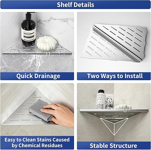 Miniatura 2 de Bernkot Estante de Esquina para Ducha de 10" Acero Inoxidable 304 Cepillado Diseño de Ranura Estante de Esquina Empotrado para Baño que se Instala