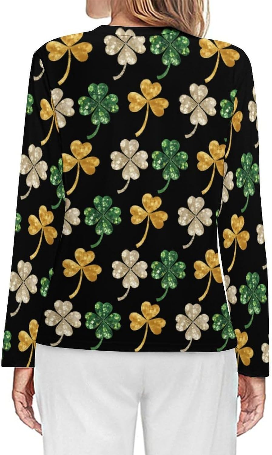 Glitter Shamrock Four Leaf Women's Pajama Top Sleepwear Pajamas Sleep T-Shirt Long Sleeve Shirt Crewneck Tee