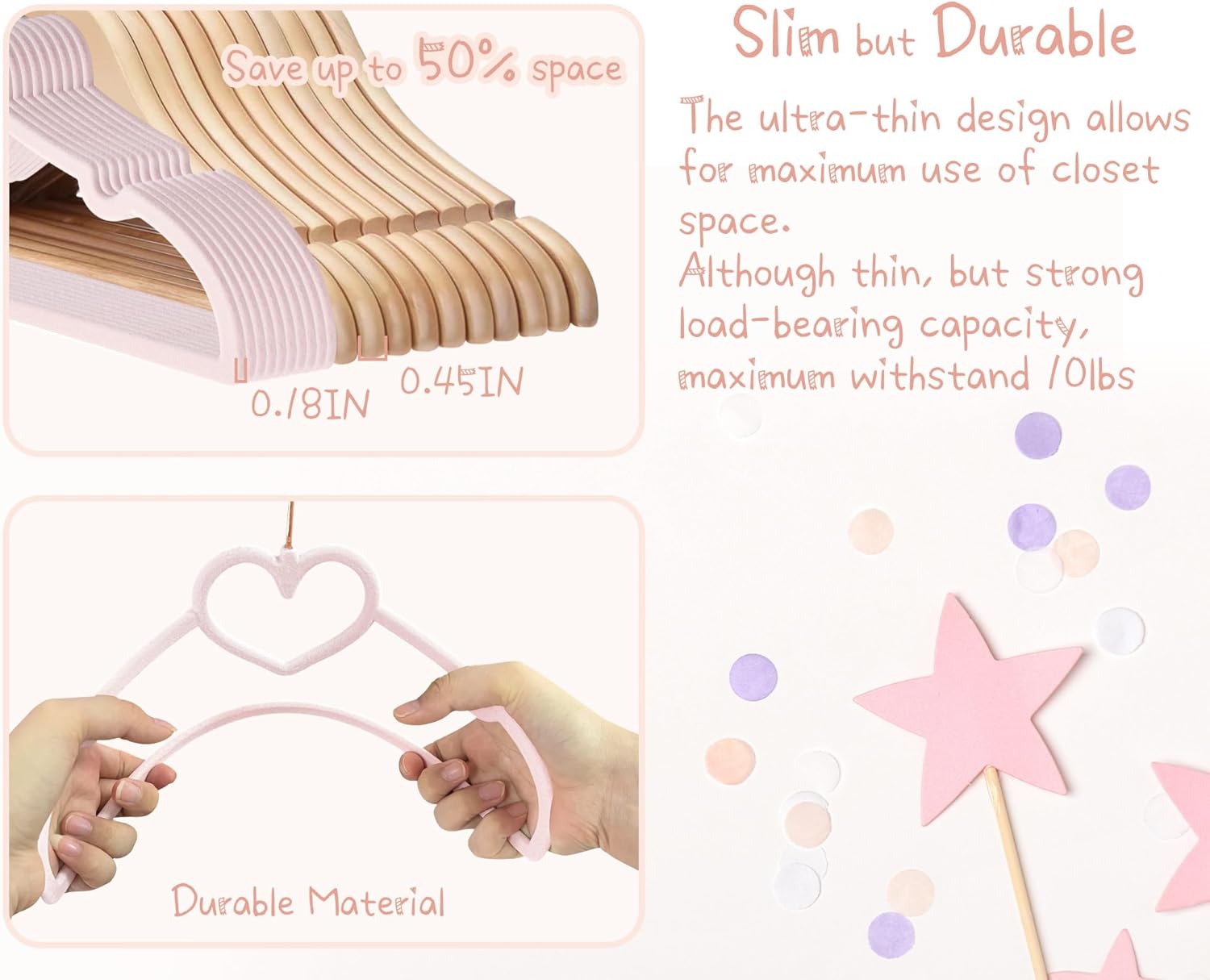 OneDream Pink Velvet Baby Hangers - 30 Pack 11inch Heart Toddler Hangers with 10pcs Clips, Non-Slip Strong and Durable Baby Clothes Hangers Without Slipping, Ultra Slim and Stackable Space Saving