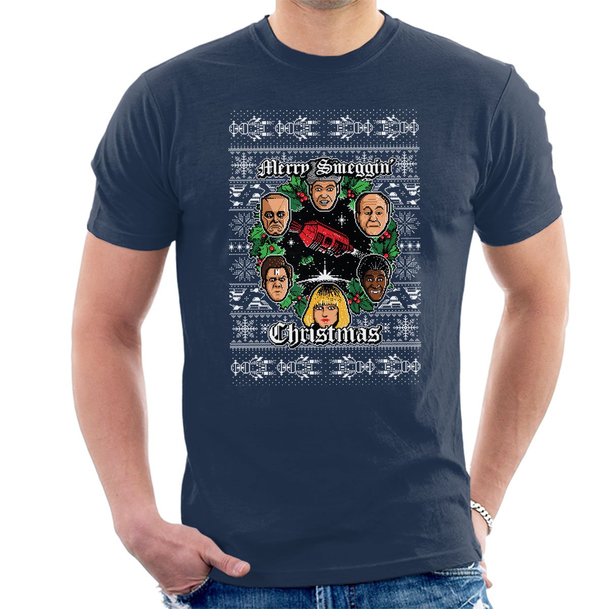 Cloud City 7 Men's Navy Blue Merry Smeggin Christmas Red Dwarf T-Shirt