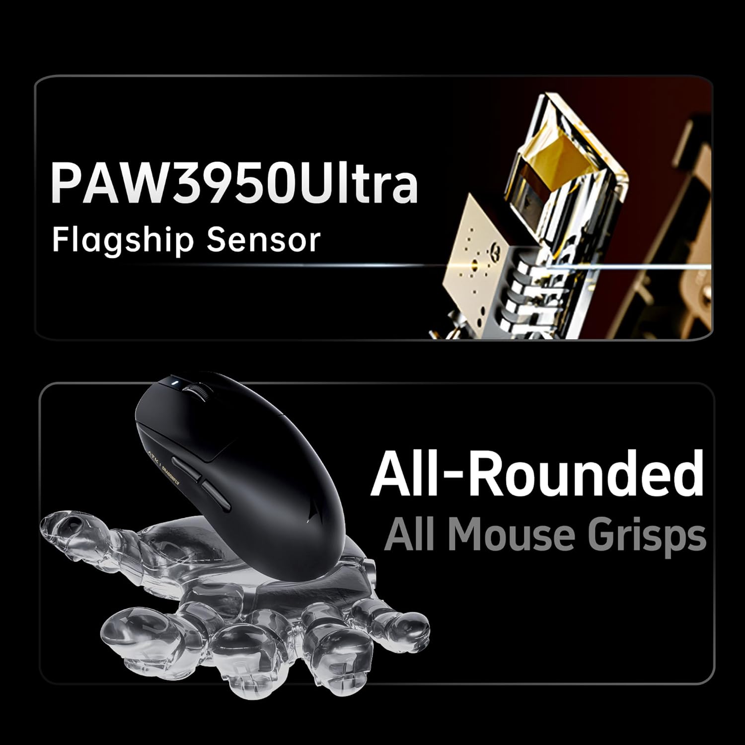 Two panels: top shows a close-up of the PAW3950 Ultra Flagship Sensor, bottom shows the ATK Dragonfly A9 mouse on a transparent hand model, illustrating its all-rounded shape for various mouse grips.