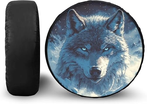 Spare Tire Cover PU Leather, Wolf Head Print Polyester Tire Cover Weatherproof, Wheel Covers Universal for Trailer RV SUV Truck Camper Travel Trailer, 16" fits Tire Diameter 29.6"-31.5"