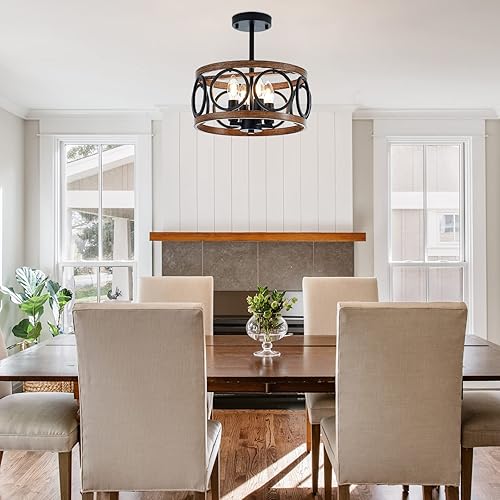 Miniatura 9 de Lámpara colgante de tambor de granja de 4 luces, 12.6 pulgadas, textura de madera natural, candelabros rústicos vintage, lámparas colgantes