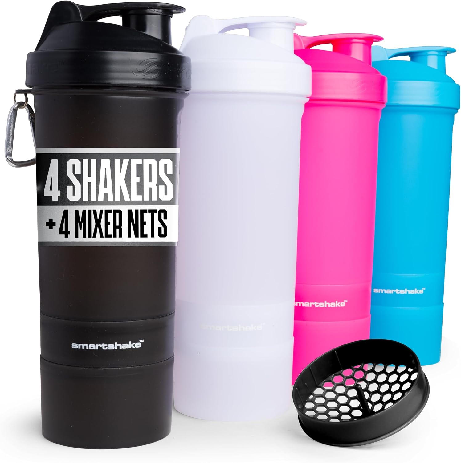 Smartshake Original 4 Pack 600 ml/20 oz Protein Shaker Bottle | Silent Mixing, Leak-Proof Shaker Bottle | Shaker Cups For Protein Shakes | Gym Shaker Bottle | 4 Pack, Black, White, Pink, Blue