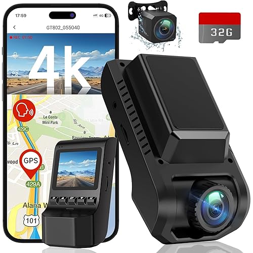Dash Cam Front and Rear, 4K Ultra HD+1080P Dash Camera for Cars, Built-in Wi-Fi GPS, Included 32GB Card, 2.0'' IPS Screen Mini Car Camera, App, Night Vision, 170°Wide Angle, 24H Parking Mode