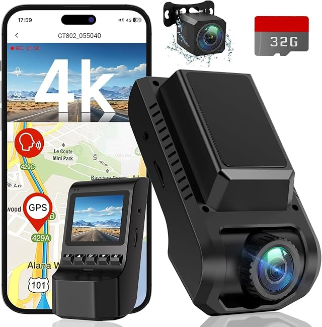 Dash Cam Front and Rear 4K Ultra HD 1080P Dash Camera for Cars Built-in Wi-Fi GPS Included 32GB