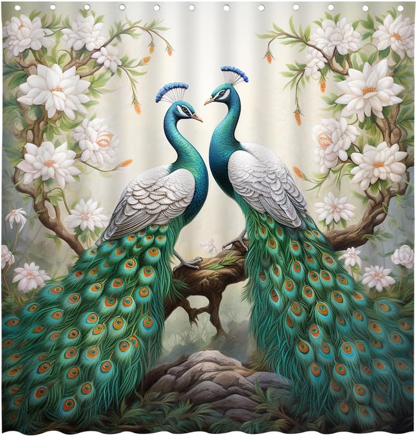 Two Peacock Shower Curtains White Flower Plant Tree Elegant Animals Beautiful Birds Spring Florla Scenery Pattern Bathroom Decor Polyester Fabric Hanging Curtain Sets 87x70 Inch with Hook