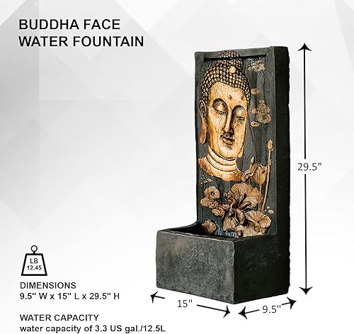 Miniatura 5 de XBrand Fuente de agua Zen en cascada de Lotus Buddha Face para interiores y exteriores con luz LED, 30 pulgadas de alto, bronce y piedra natural