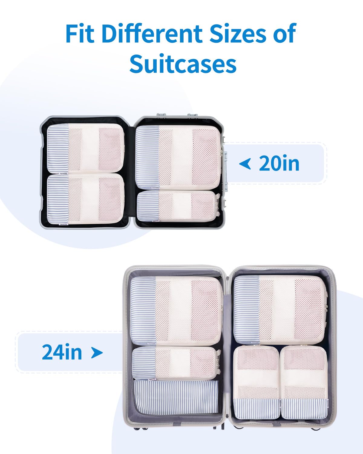Narwey Organizer Valigia 6 Pezzi Packing Cubes Compression, Organizer Valigia Viaggio Compressione Salvaspazio, Viaggio Accessori Utili per Vestiti Scarpe Deposito (Strisce Blu Grigiastro)