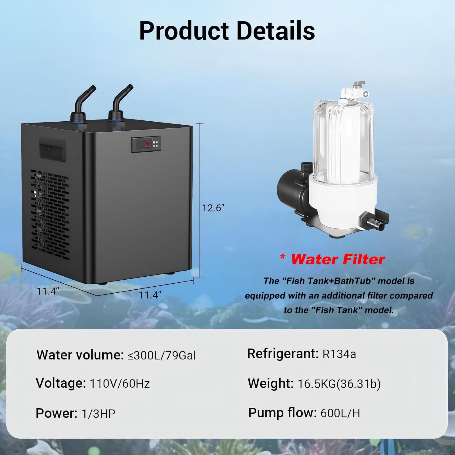Refrigeratore per acquario, per serbatoi da 42-132 galloni, 160-500 l, refrigeratore silenzioso in titanio per la coltivazione di acqua dolce/salata, ideale per pesci, coralli, gamberetti e meduse