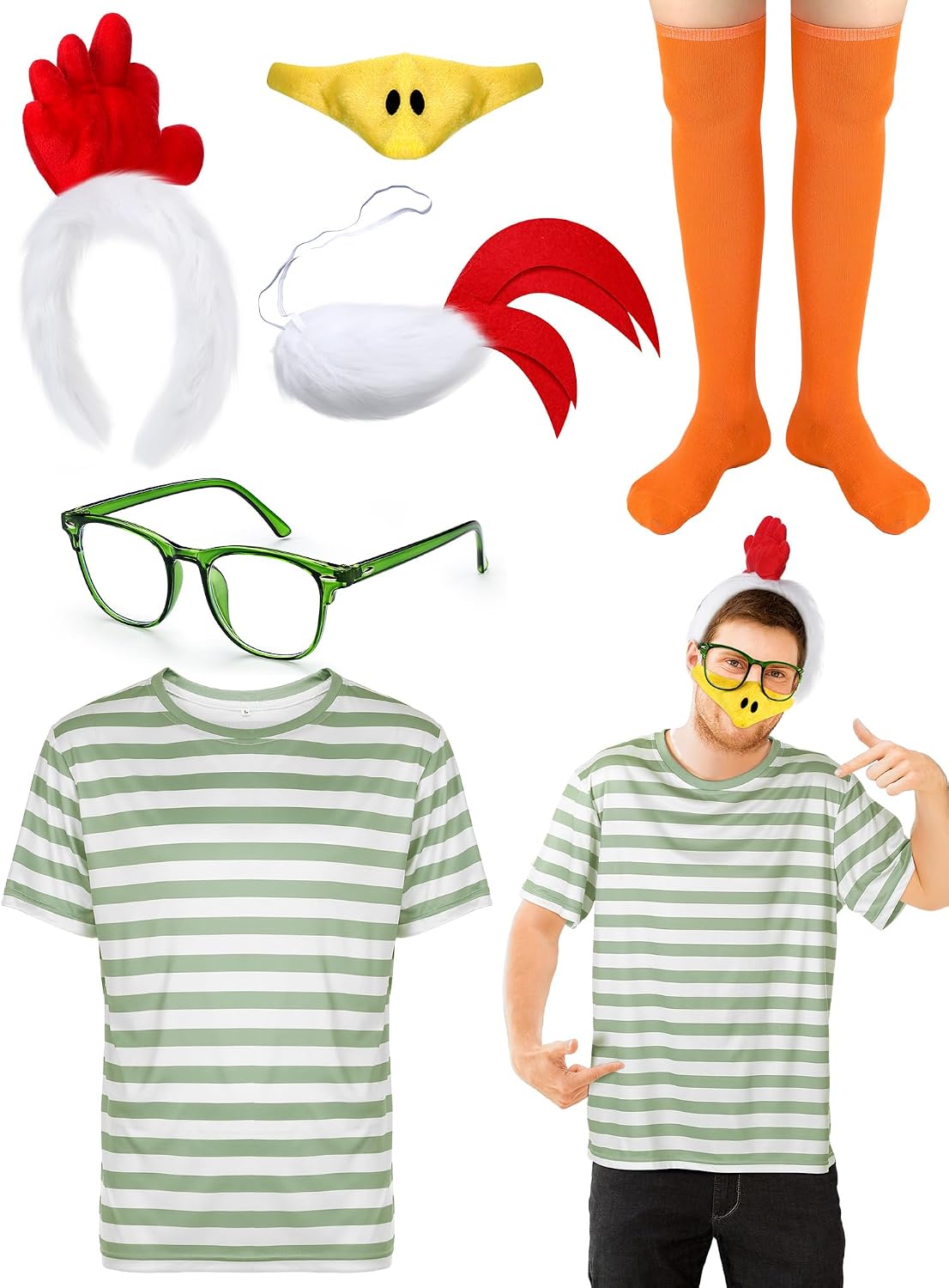 Tellingyou Halloween Chicken Costume Striped Shirt Chicken Nose Mask Tail Headband Glasses Stocking Cosplay Accessories