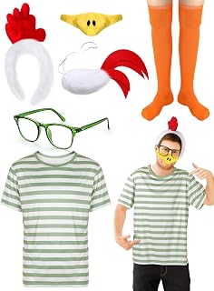 Tellingyou Halloween Chicken Costume Striped Shirt Chicken Nose Mask Tail Headband Glasses Stocking Cosplay Accessories